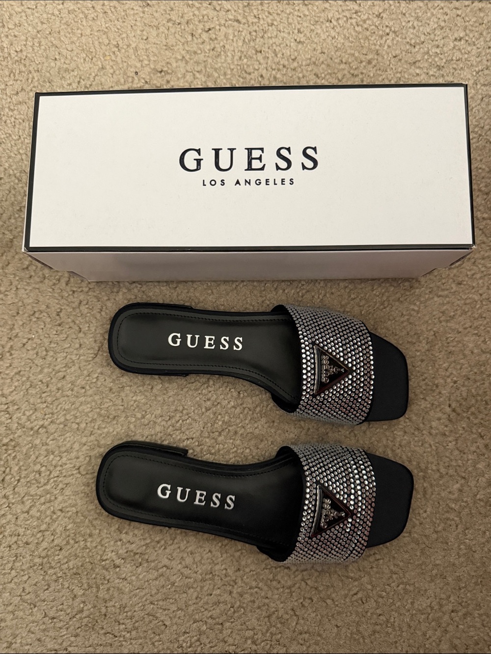 New Guess Black Crystal-Embellished Slide Mules Sz 8.